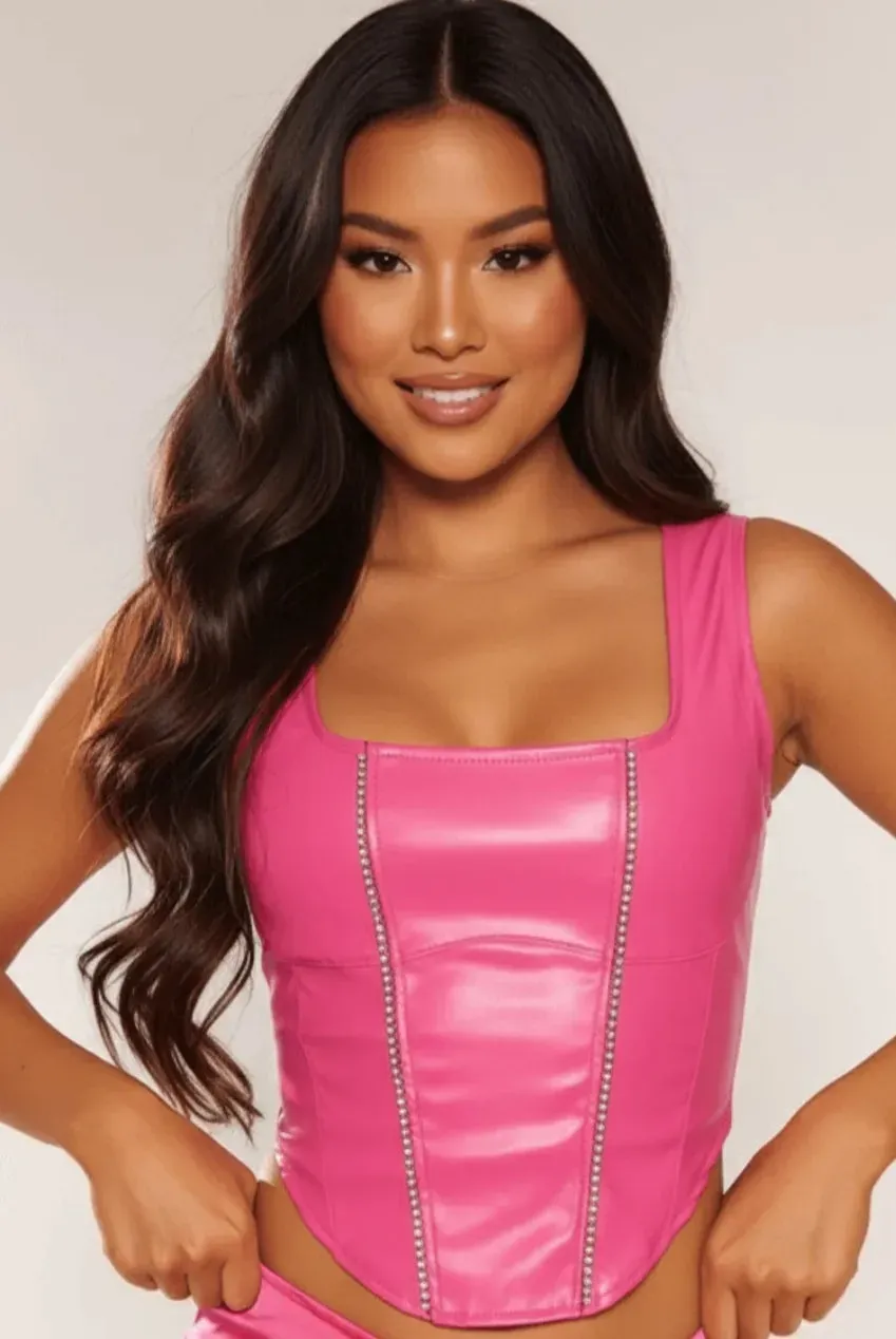 Goddiva Diamante Square Neckline top fucsia ecopelle