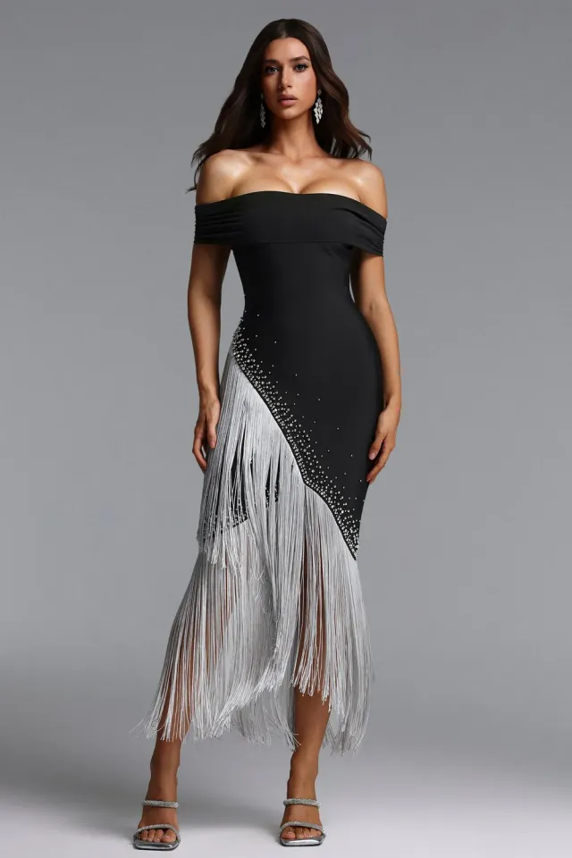 Goddiva Bella Barnett Tata Chic abito maxi nero bandage