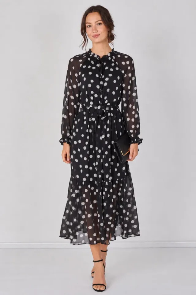 Love Sunshine abito maxi chiffon nero pois con cintura