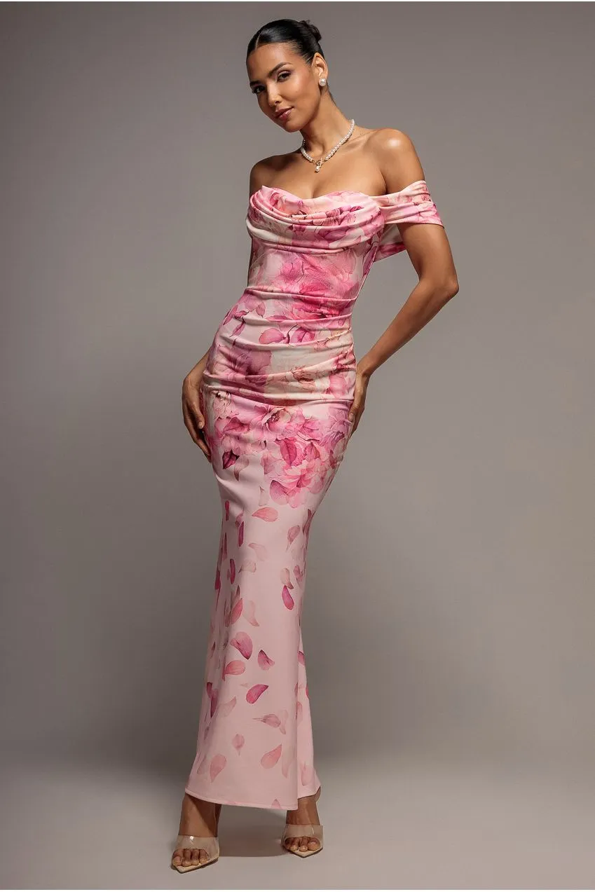 Goddiva Cowl abito maxi blush rosa stampa floreale scuba