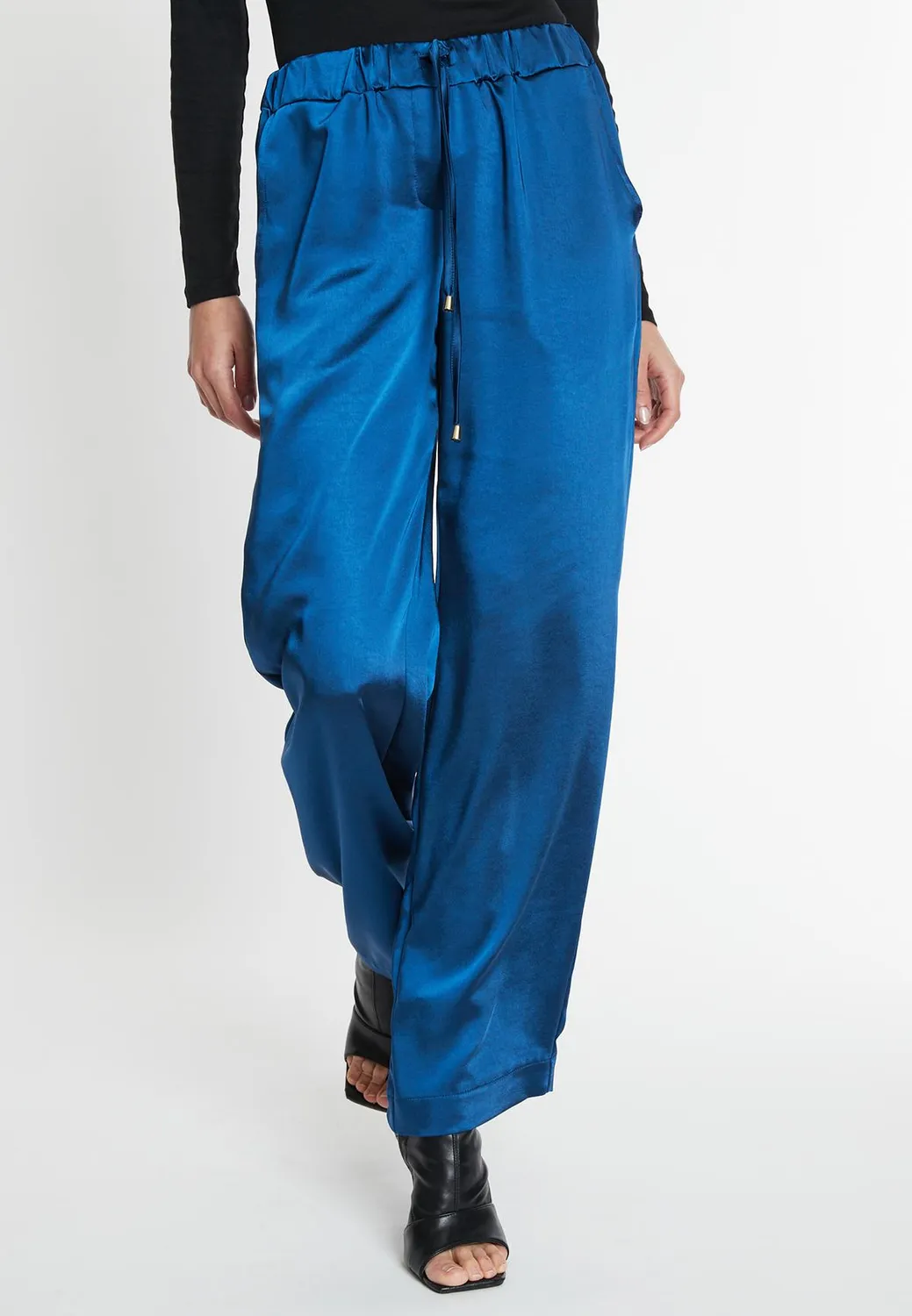Ana Alcazar Sibly pantaloni satin blu lucido