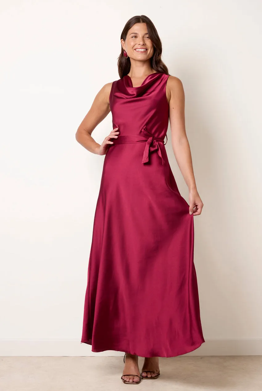 Blue Vanilla Satin Cowl Neck abito maxi vino cintura
