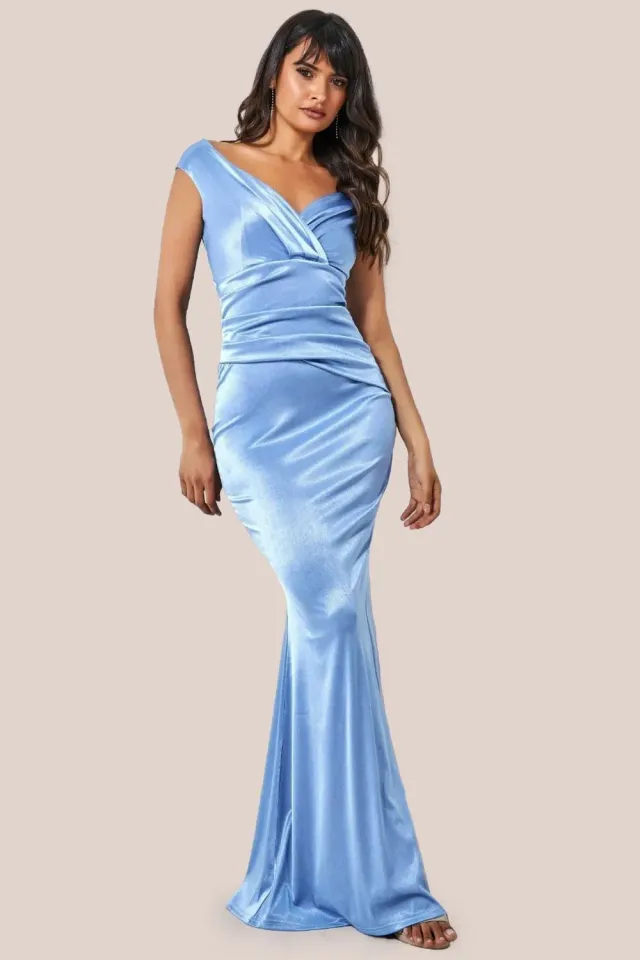 Goddiva DR3580 abito raso blu polvere spalle scoperte