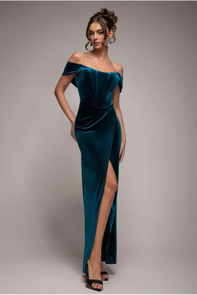 Goddiva Draped Shoulder Abito Maxi Velluto Ottanio