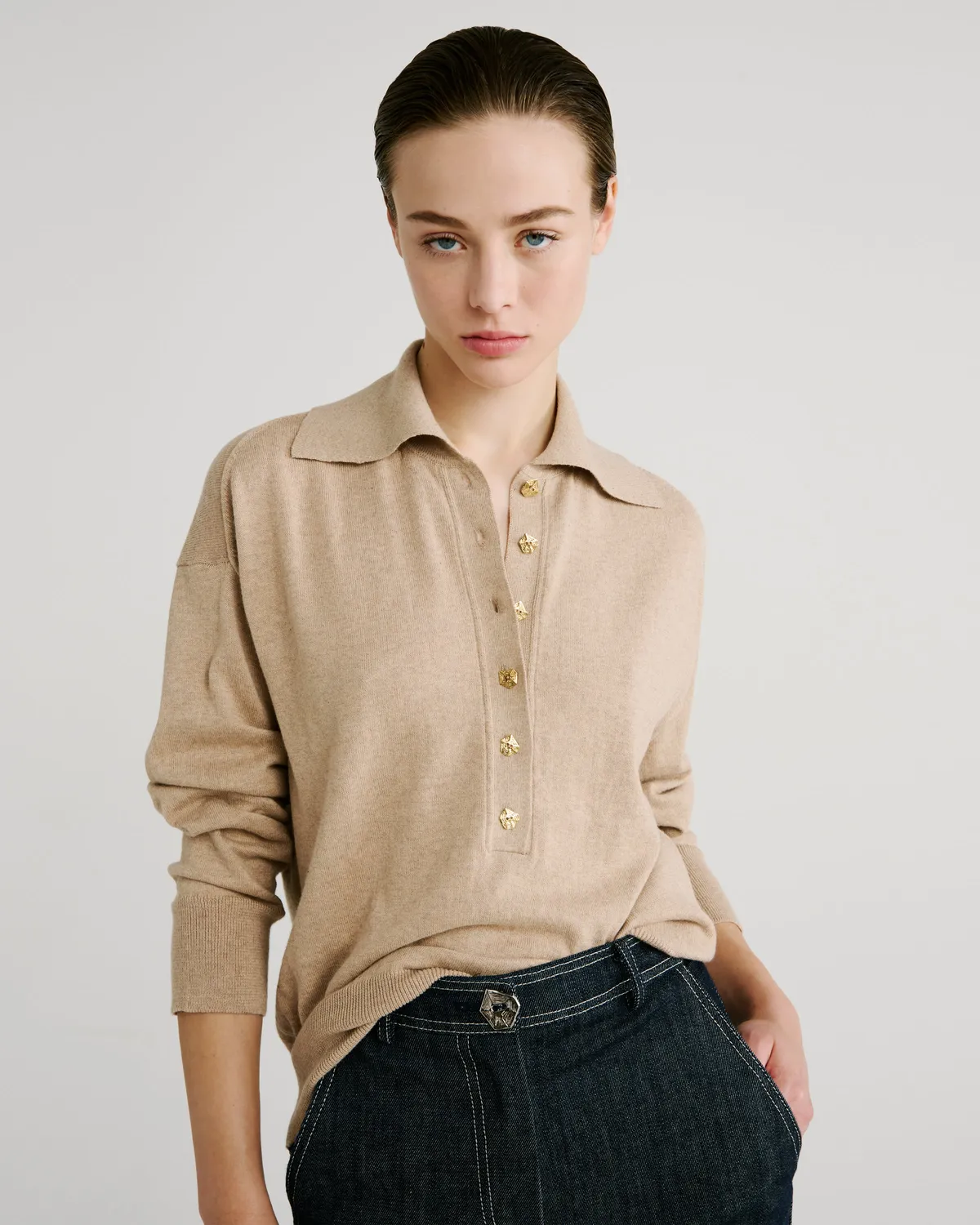 Violante Nessi Ansel maglia polo beige cashmere cotone