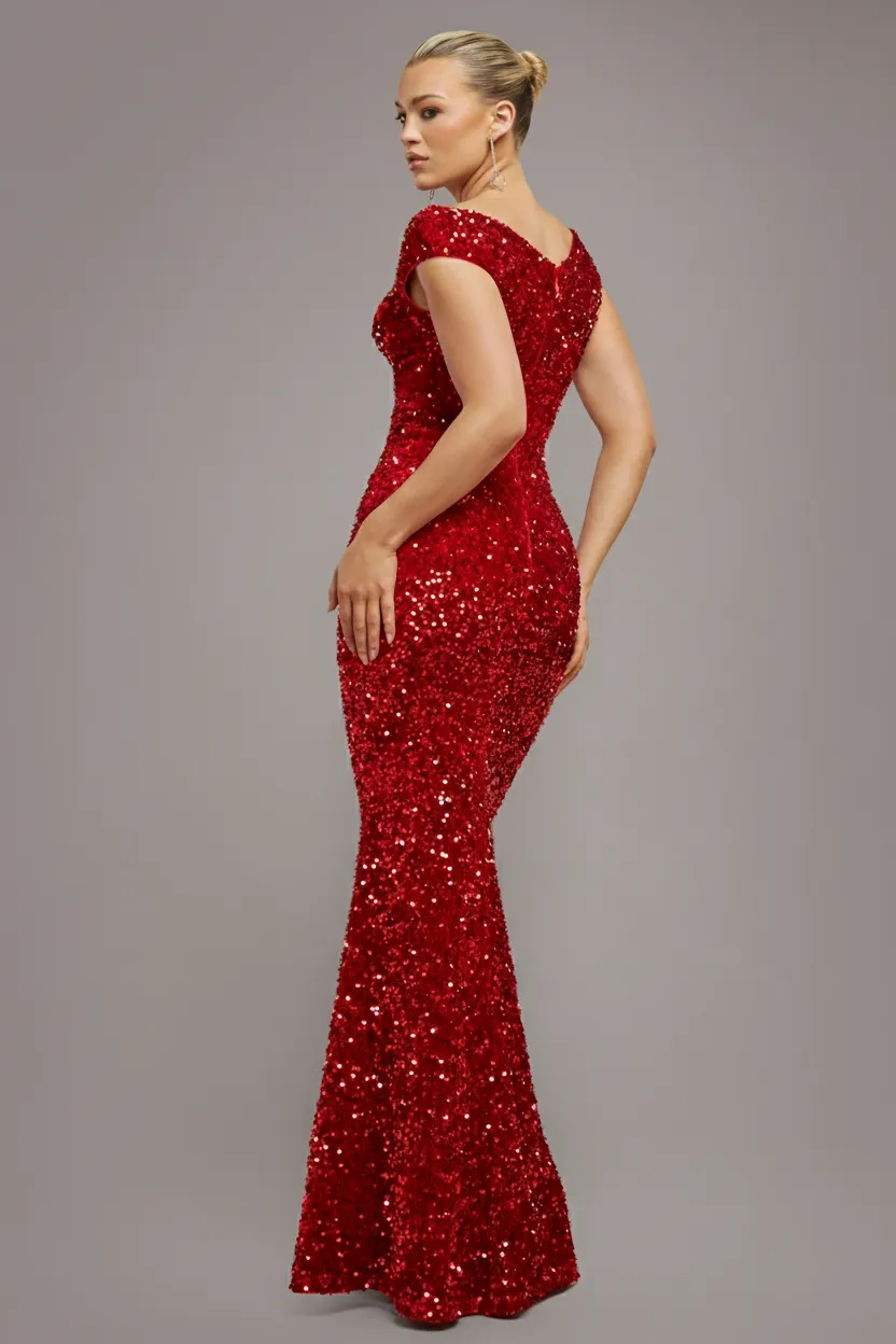 Goddiva Multi Sequin Velvet Bardot abito maxi rosso aderente