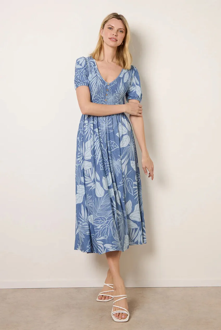 Blue Vanilla Shirred abito midi blu scollo V vita arricciata