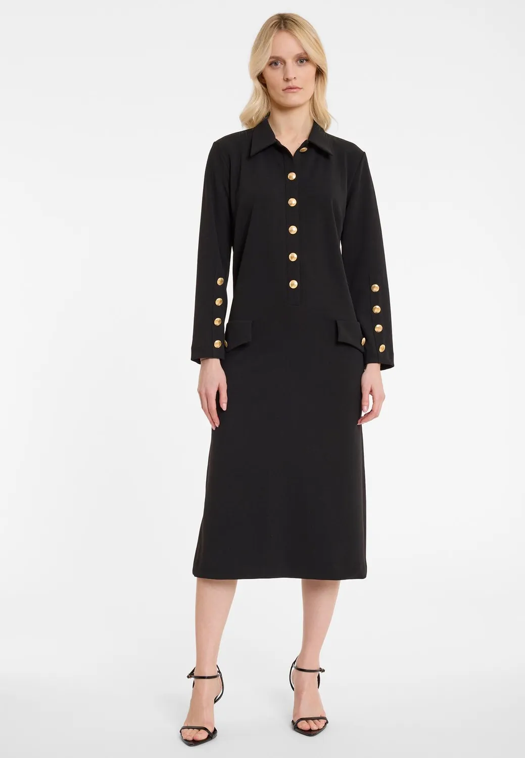Ana Alcazar Afemi abito camicia midi nero bottoni oro