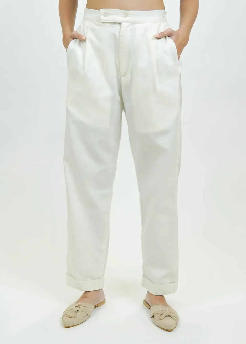 Our Dve S0028 pantaloni bianco panna slub vestibilità regolare