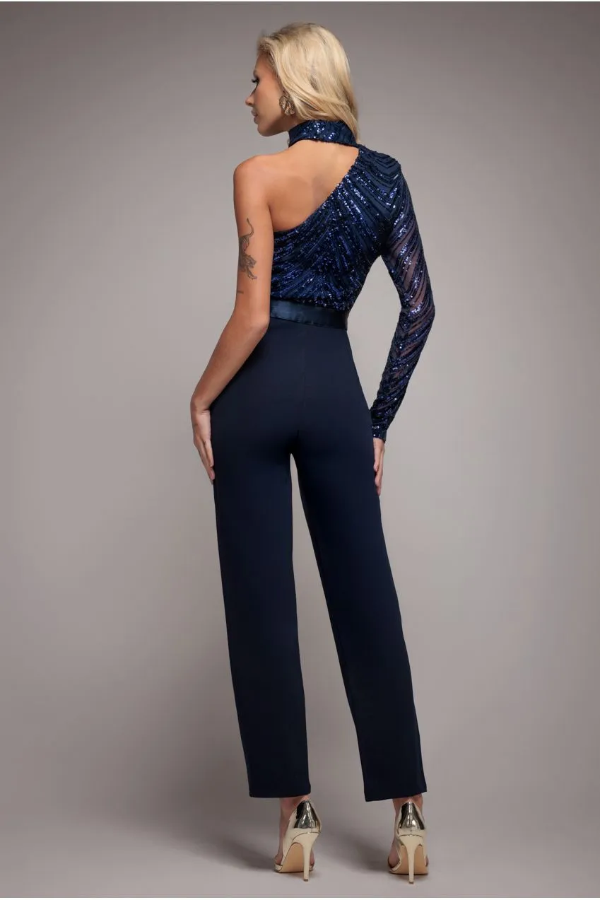 Goddiva One Shoulder tuta navy paillettes scuba