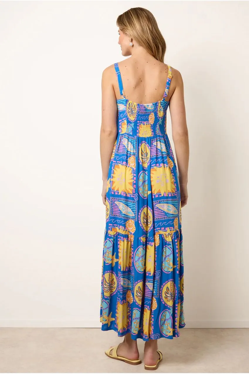Blue Vanilla Vibrant abito lungo blu stampa tropicale viscosa