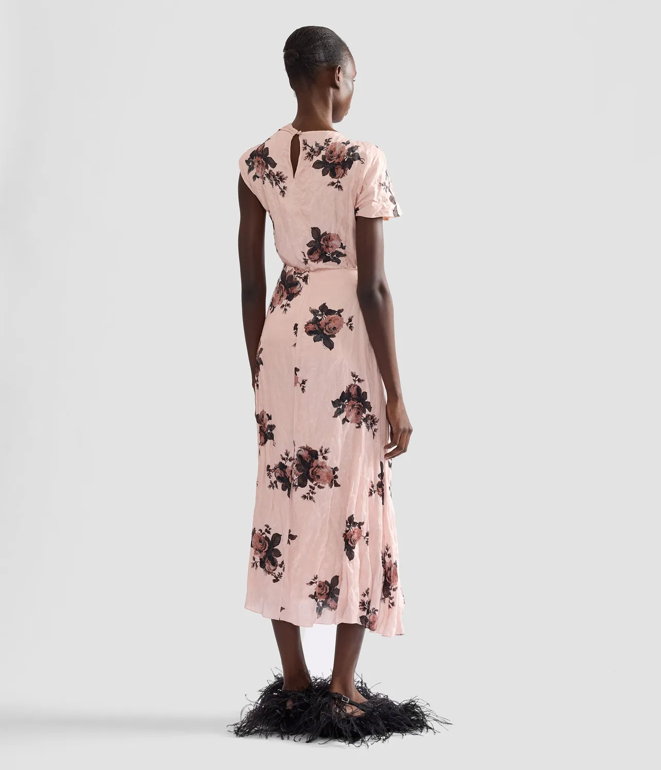 Erdem Floral Crushed Satin Short Sleeve Draped Top top raso