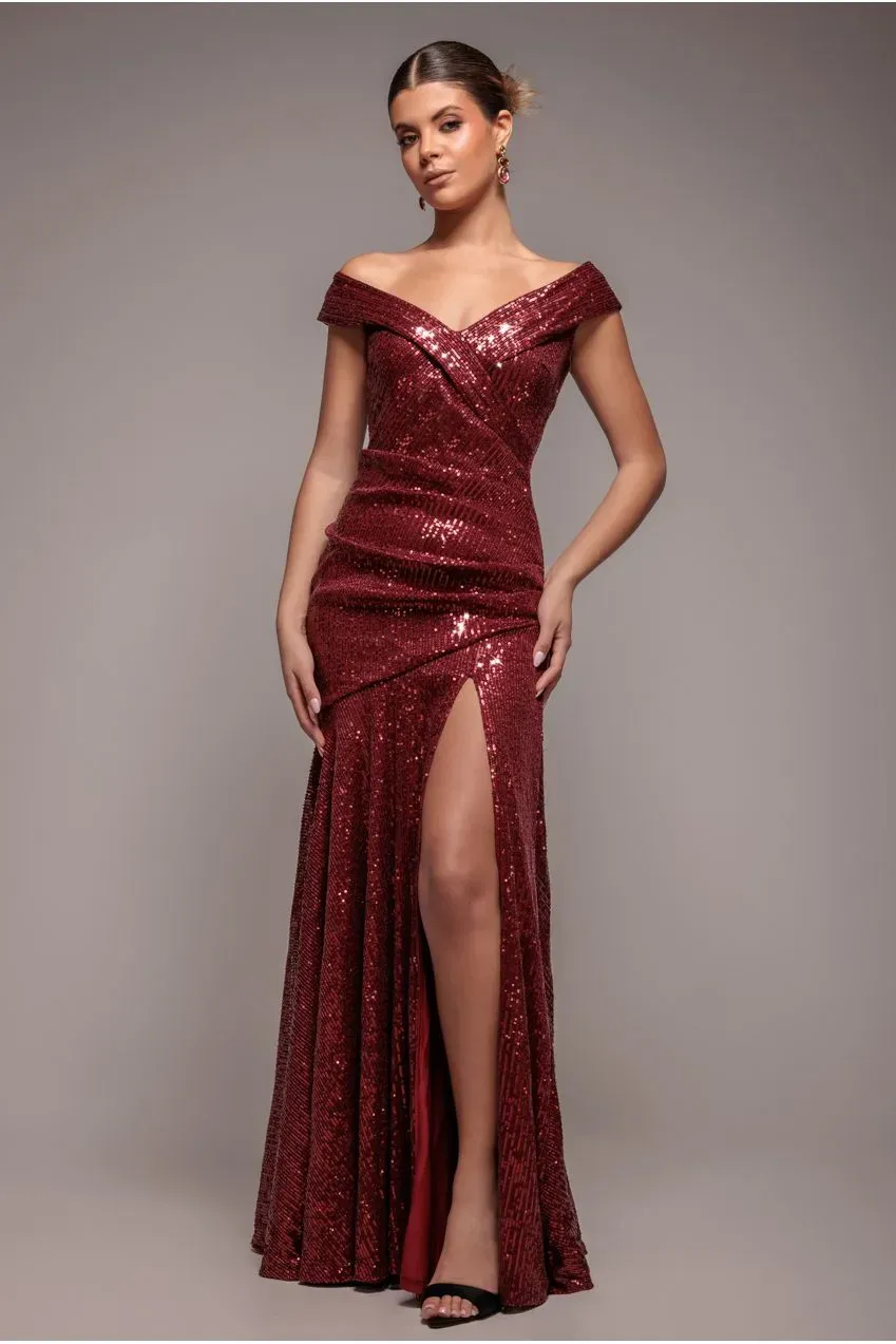 Goddiva Bardot Sequin Abito Lungo Vino Paillettes Spacco