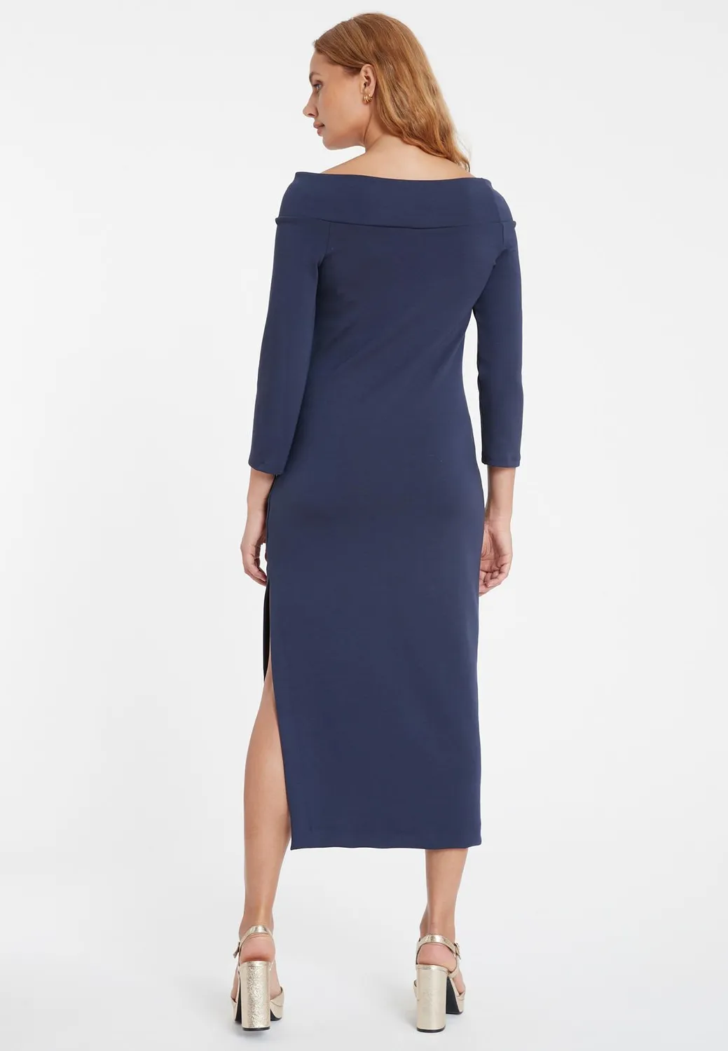 Ana Alcazar Sebina abito midi jersey blu scollo Carmen