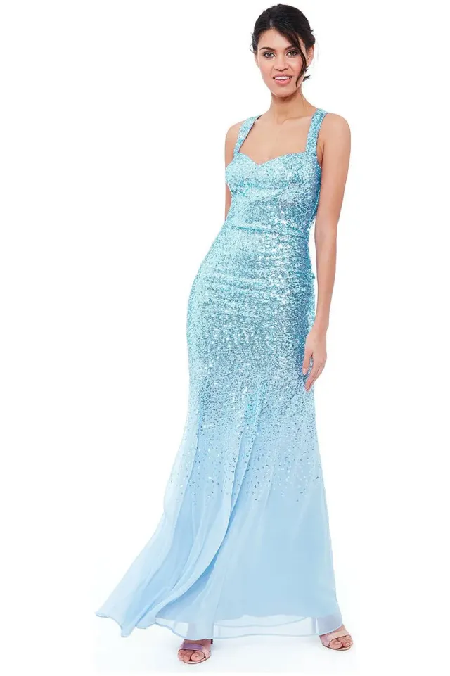 Goddiva abito maxi azzurro paillettes schiena incrociata