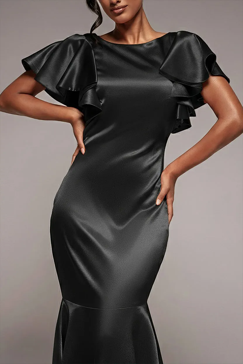 Goddiva DR3954 abito maxi satin nero sirena maniche volant