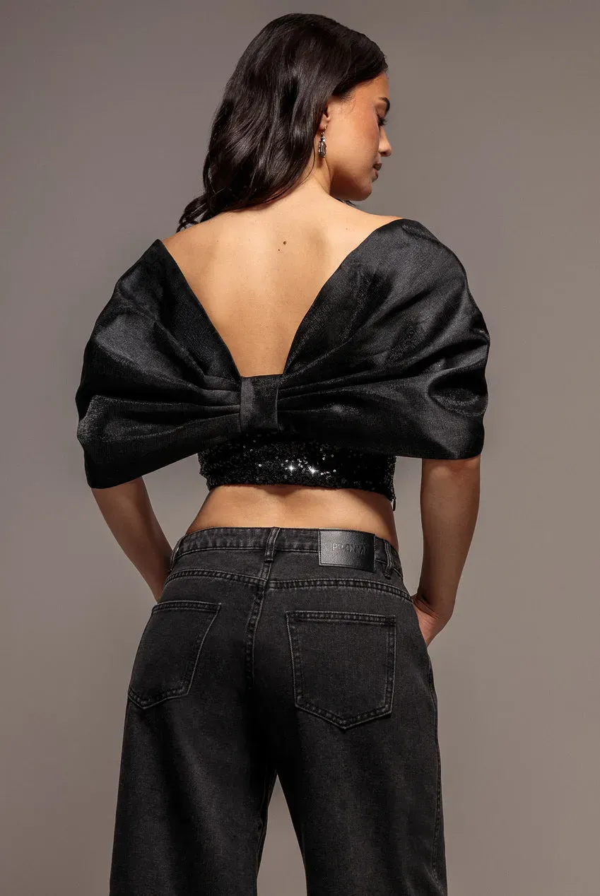 Goddiva Off Shoulder top corsetto nero fiocco raso