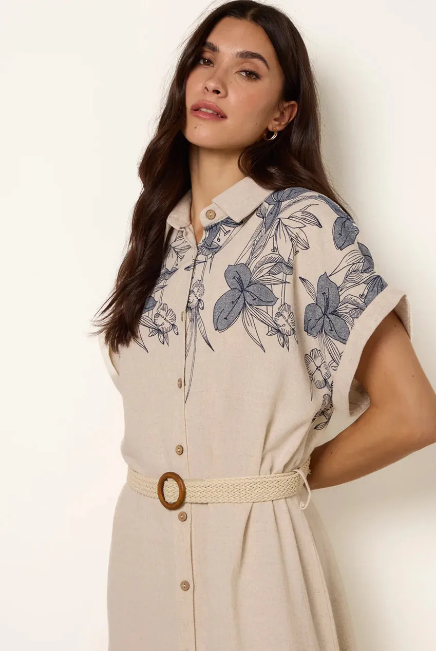 Blue Vanilla Linen Belted abito midi beige cintura lino