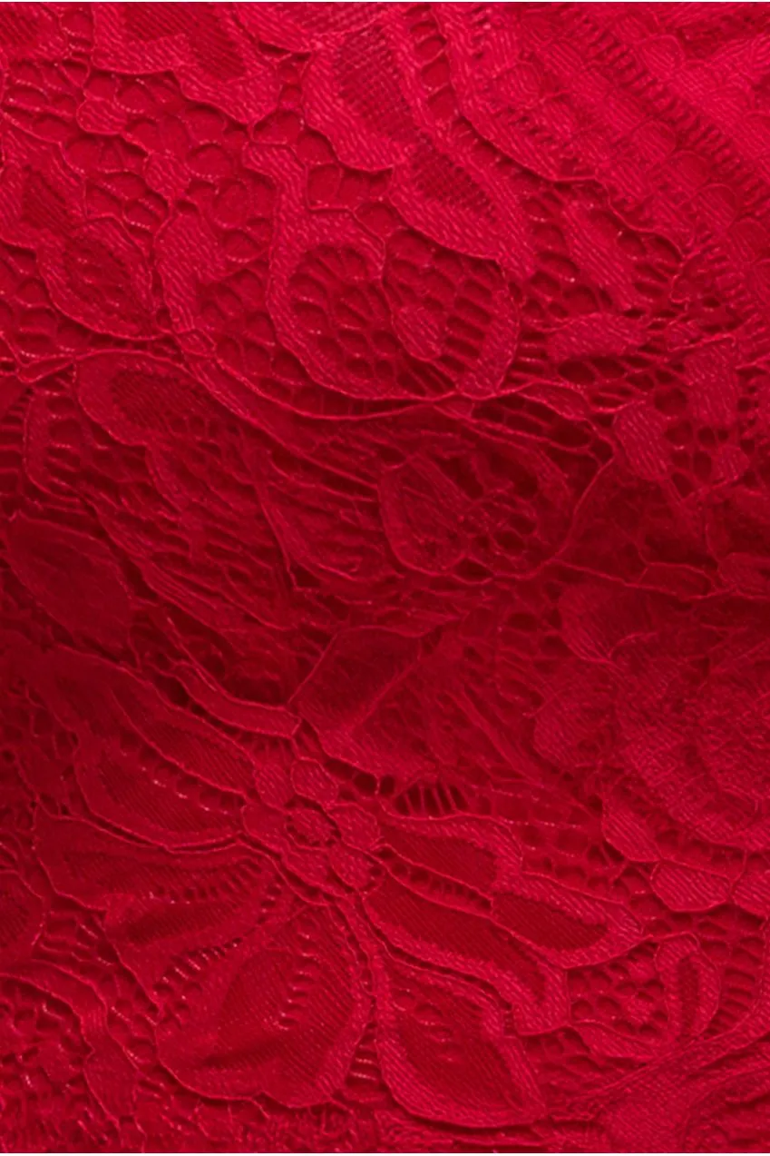 Goddiva Bardot abito maxi pizzo rosso 8 maniche lunghe