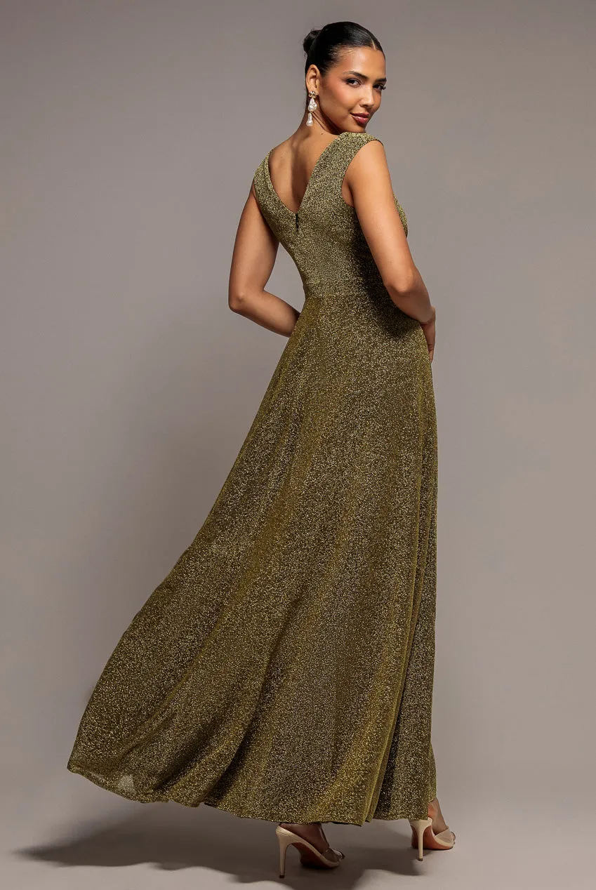 Goddiva abito maxi lurex glitter marrone spacco incrocio