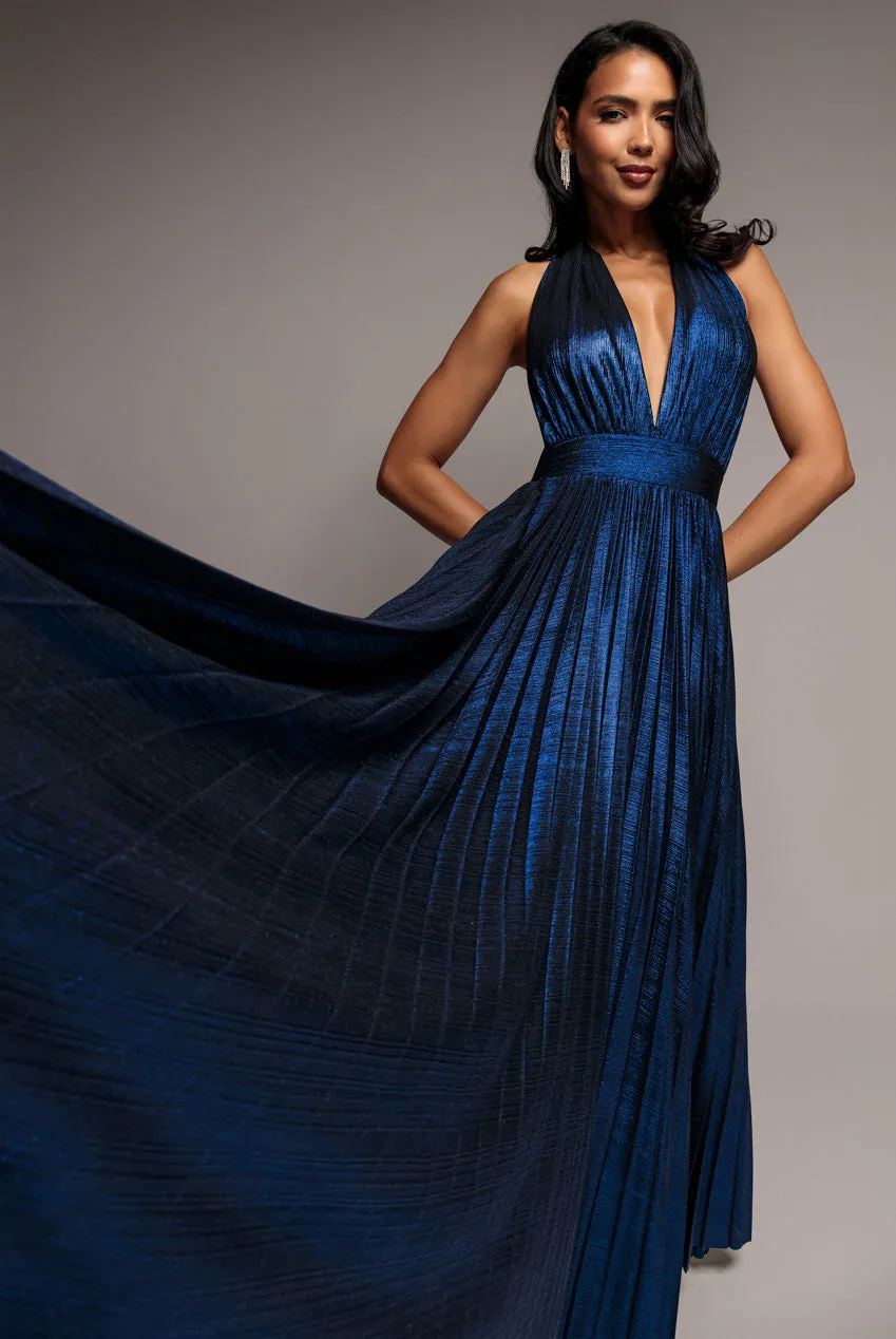 Goddiva Open Back Sunrise Foil Halterneck A Line abito maxi blu navy