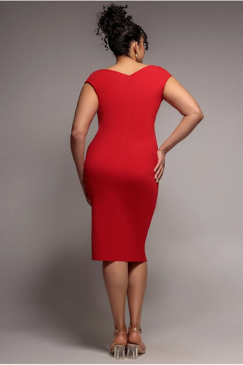 Goddiva Scuba Bardot Pleated abito midi rosso scuba
