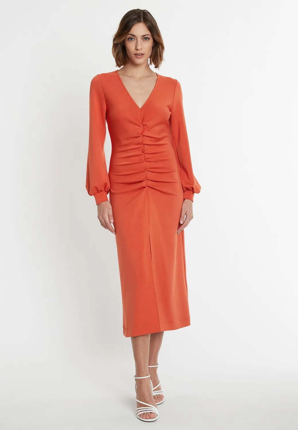 Ana Alcazar Sedona abito midi jersey arancione scollo V