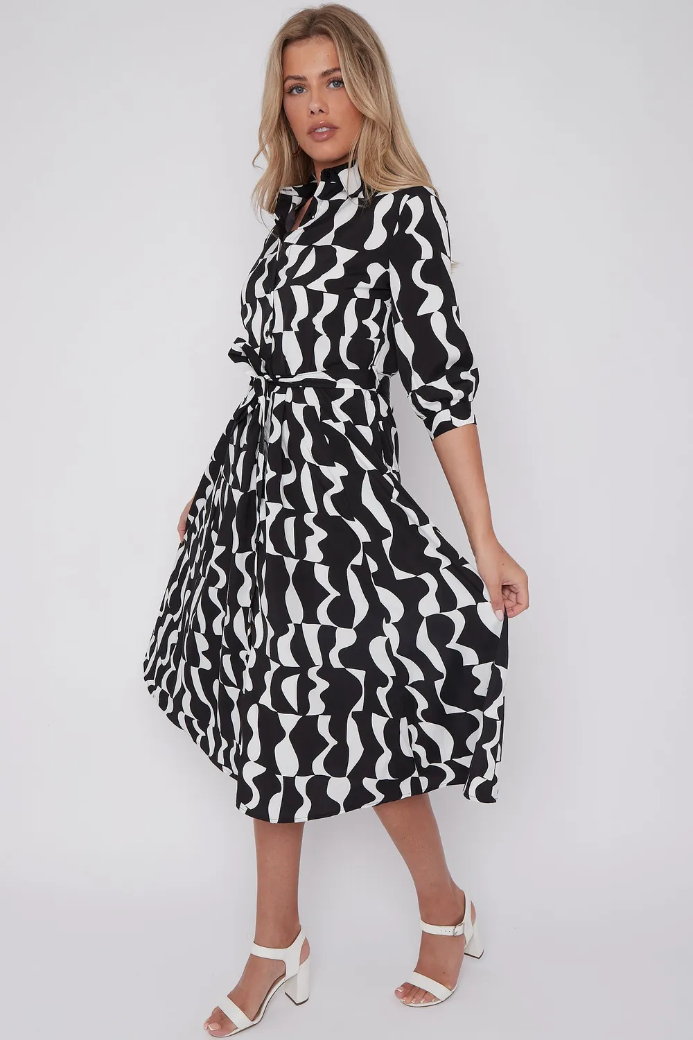 Love Sunshine Mono abito camicia midi nero geometrico