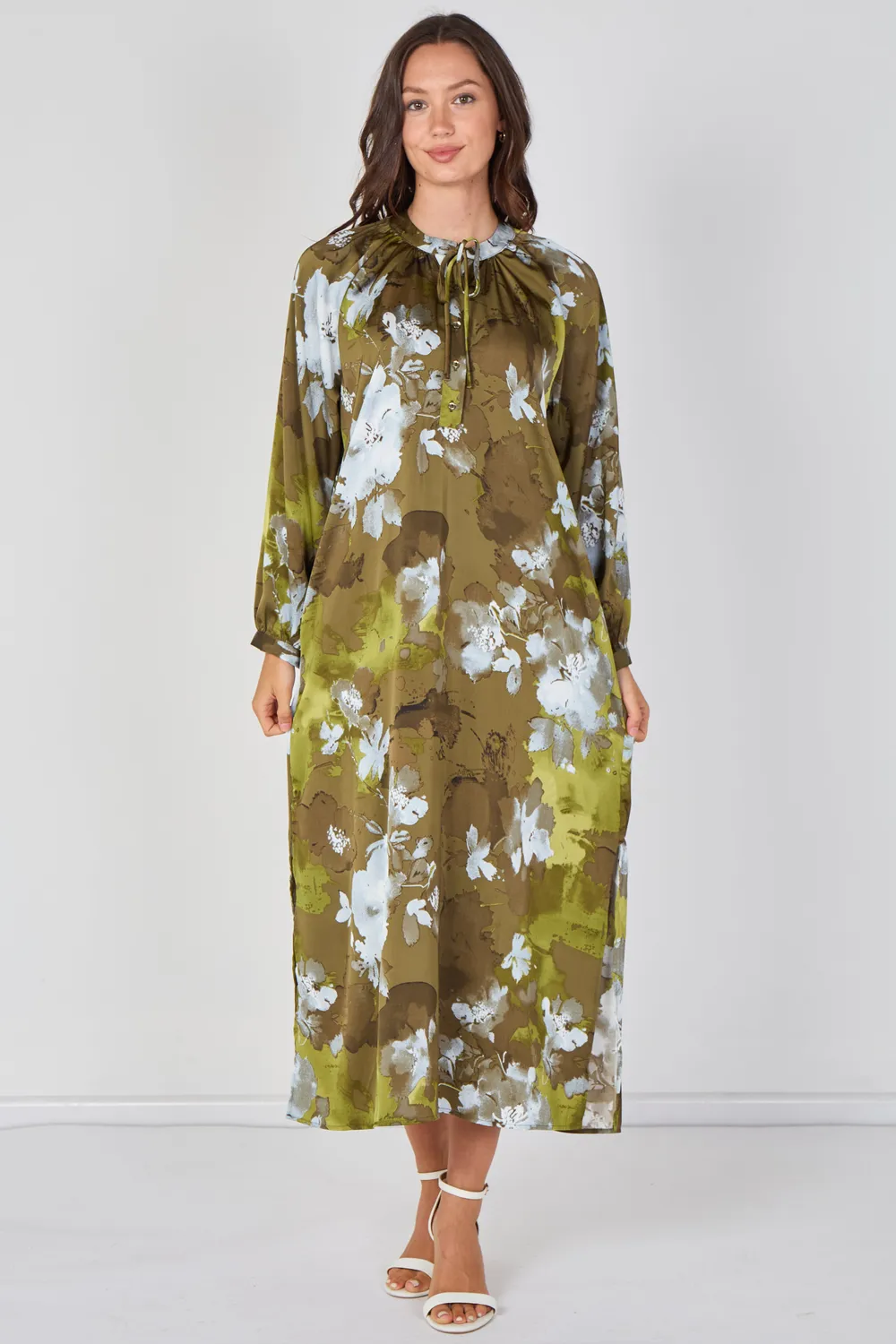 Love Sunshine Watercolour Floral abito maxi khaki manica lunga