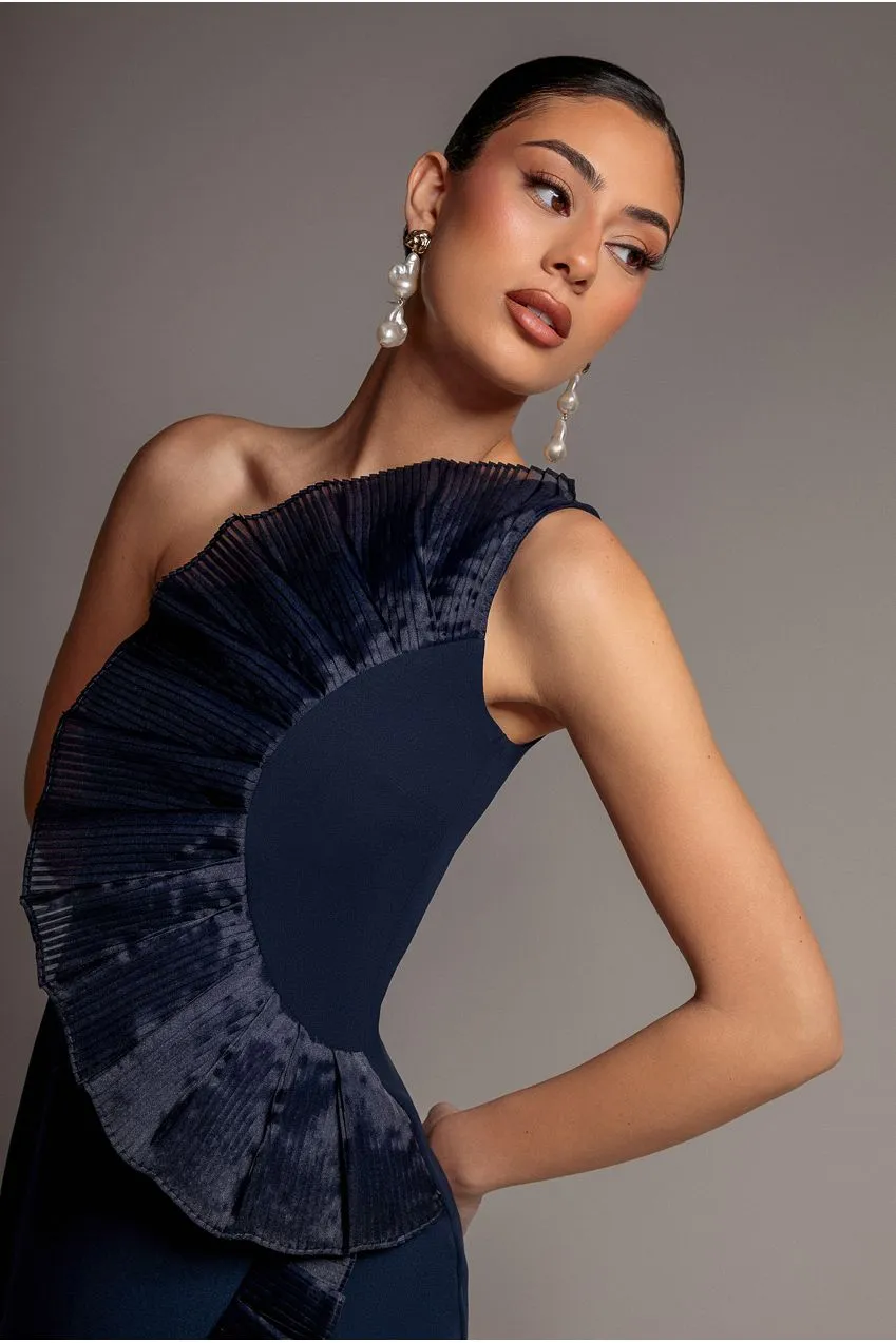 Goddiva One Shoulder Pleated Fan abito midi navy