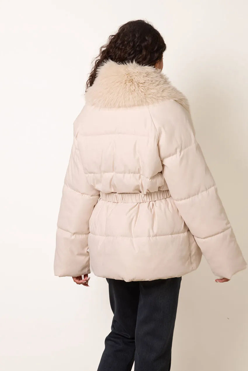 Blue Vanilla Faux Fur Collar Piumino Corto Stone con Cintura
