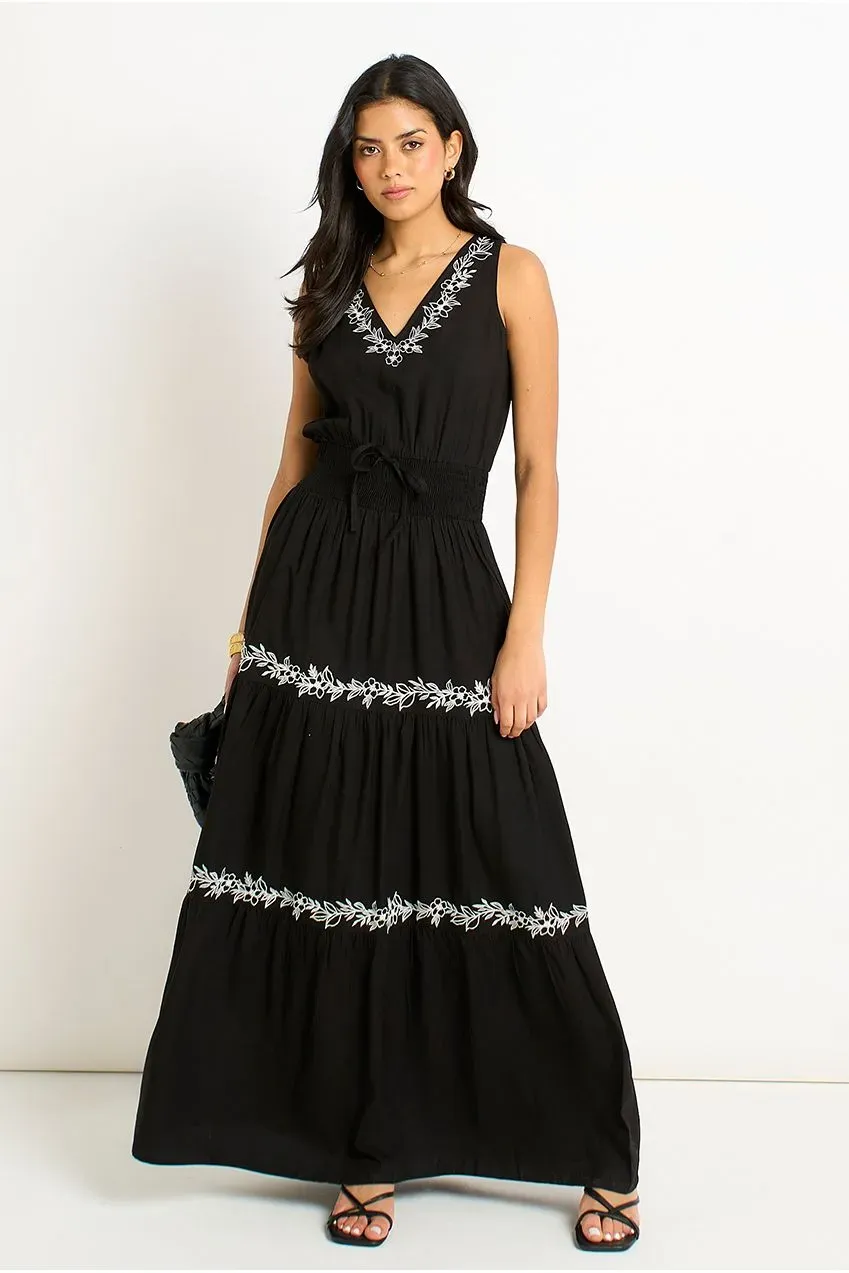 Gini London Black Floral Embroidery abito maxi nero ricamato