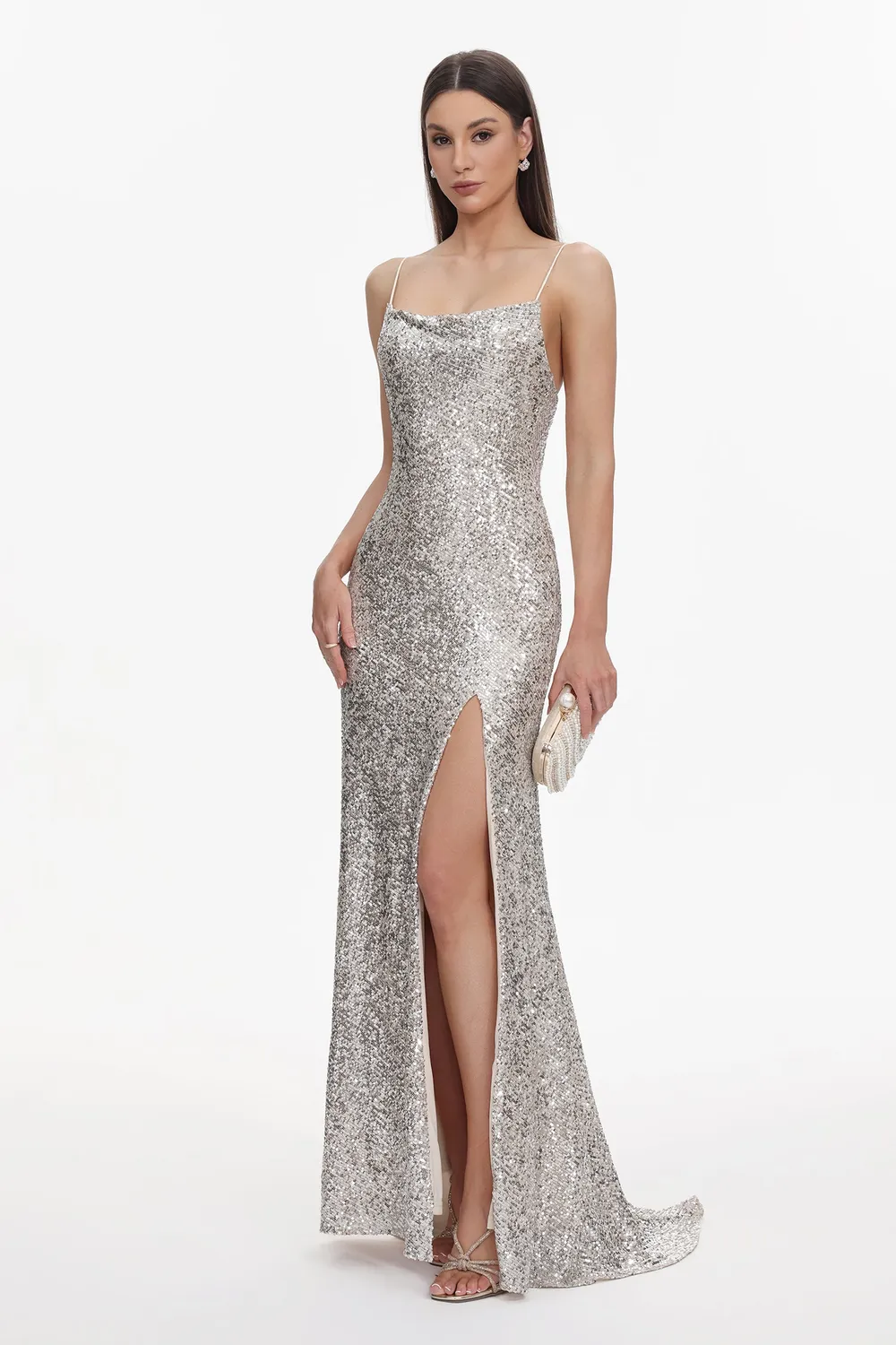 Bella Barnett Fagra abito lungo oro paillettes spacco alto S