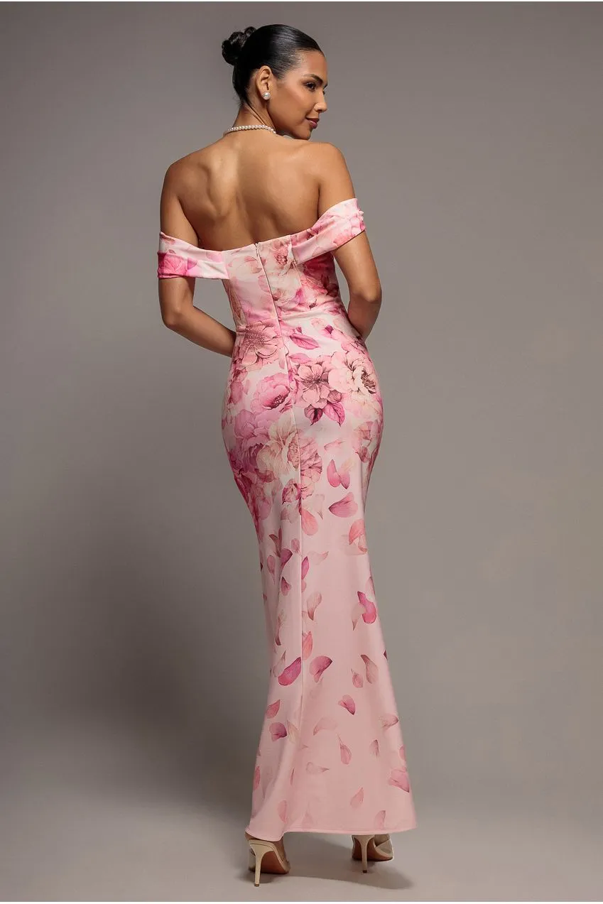 Goddiva Cowl abito maxi blush rosa stampa floreale scuba