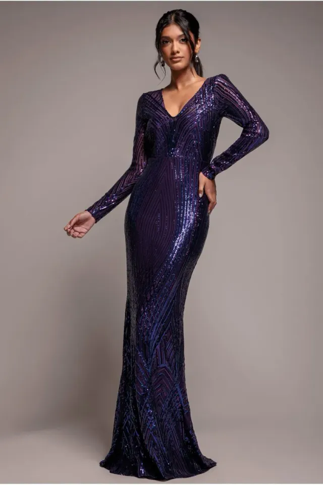 Goddiva Two Toned V Neck abito maxi viola paillettes