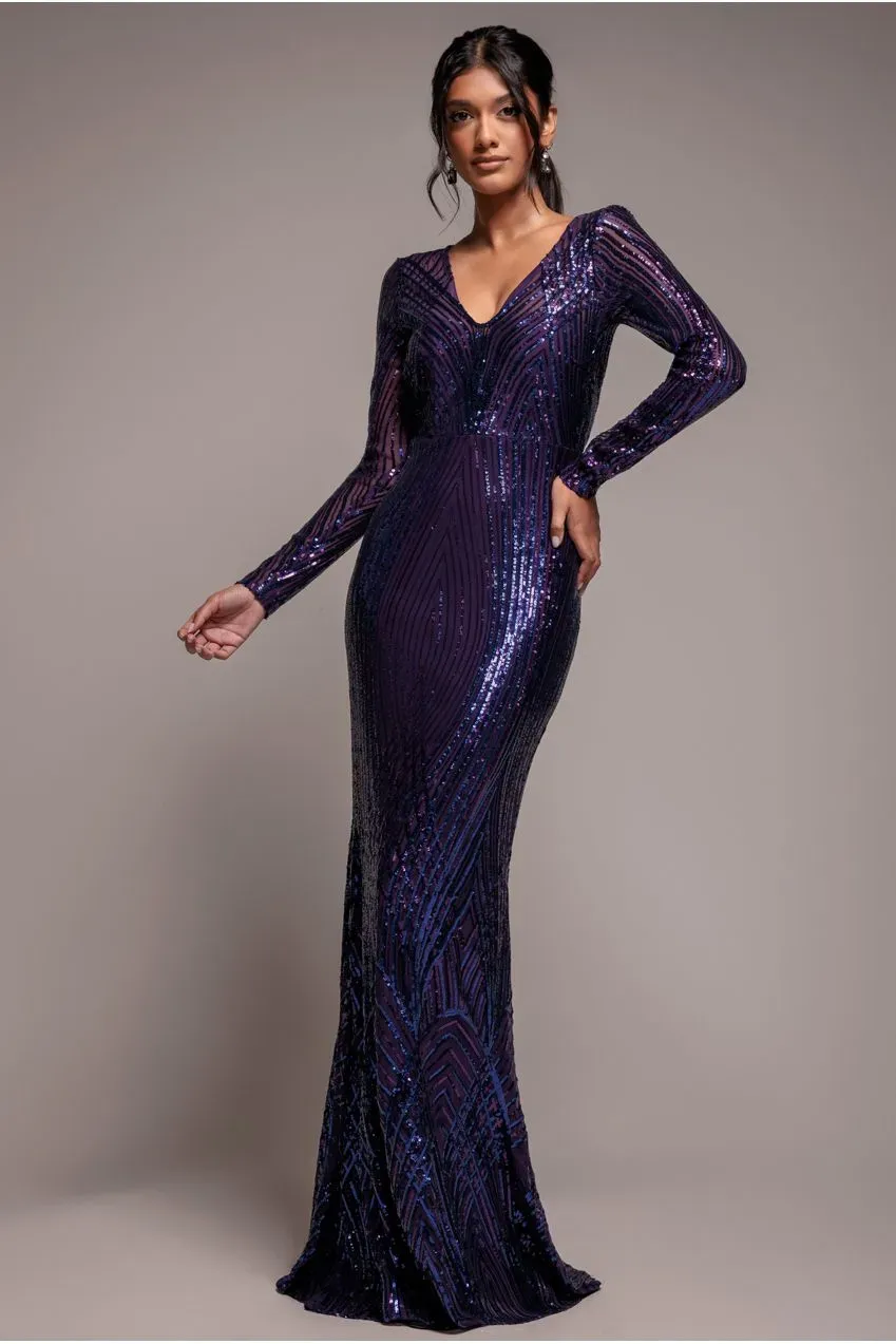 Goddiva Two Toned V Neck abito maxi viola paillettes