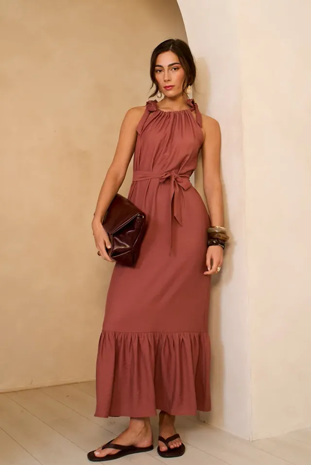 Gini London Tie Shoulder abito maxi ruggine con cintura
