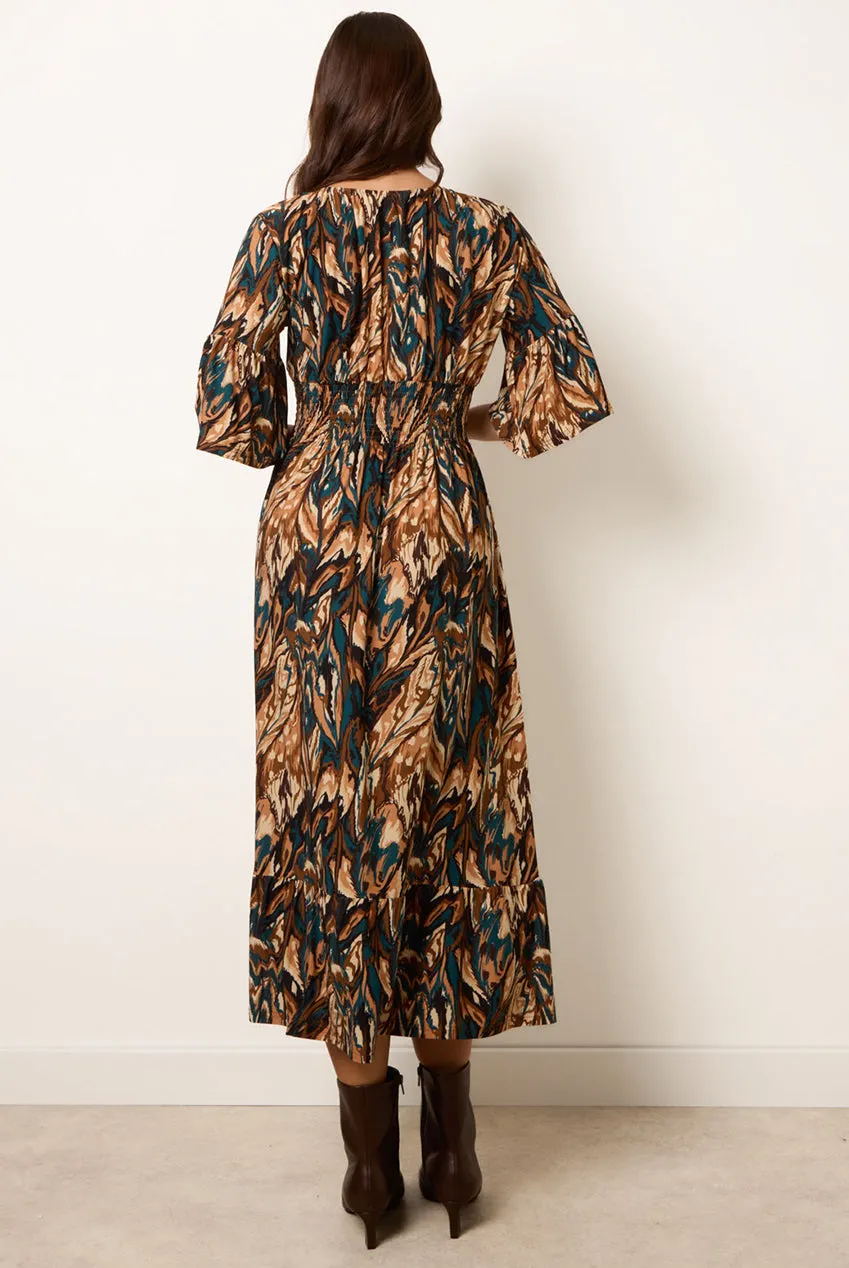 Blue Vanilla Shirred Waist abito midi cioccolato stampa