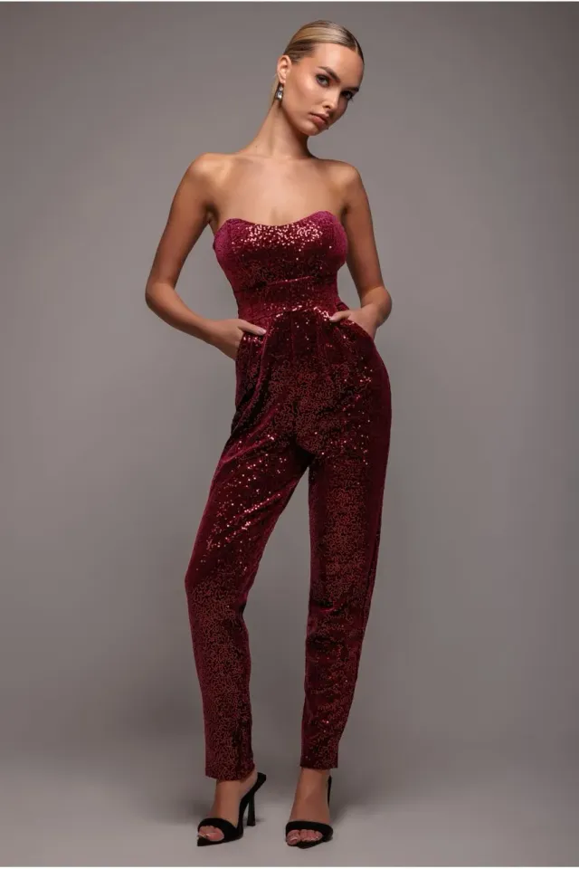 Goddiva Sequin Velvet Corset tuta bordeaux paillettes