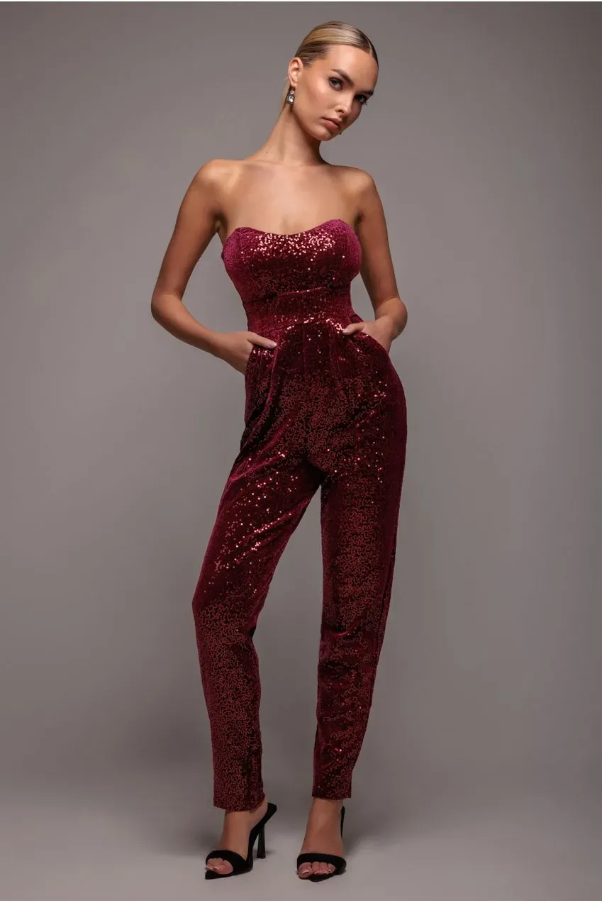 Goddiva Sequin Velvet Corset tuta bordeaux paillettes