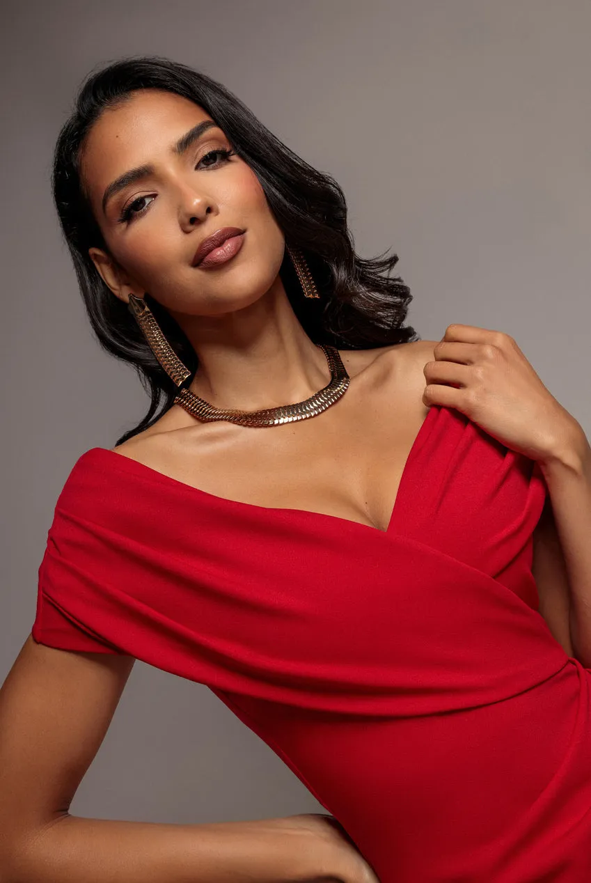 Goddiva Bardot Wrap abito maxi sirena rosso scuba elasticizzato
