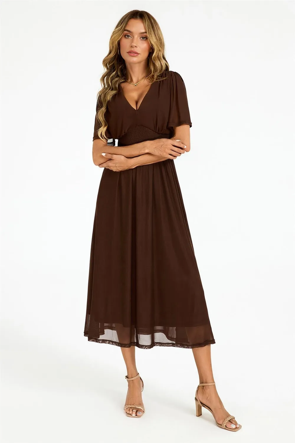 FS Collection Flutter Sleeve abito midi marrone scollo V