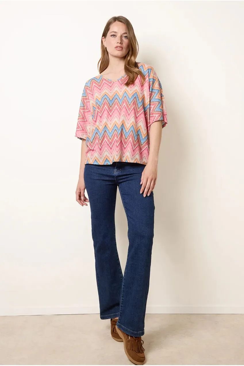 Blue Vanilla Zig Zag Metallic Bow Back Top rosa scollo a V