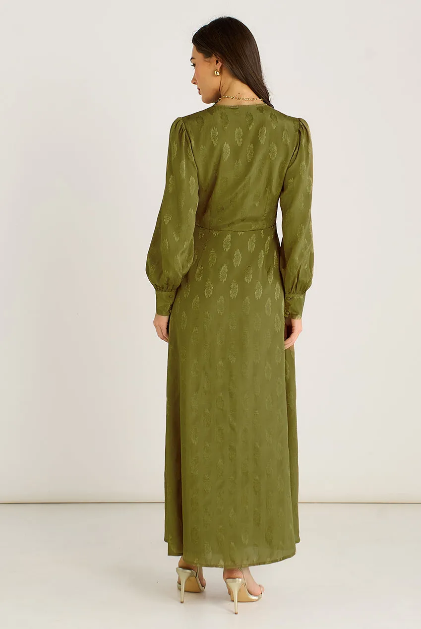 Goddiva Gini London abito maxi verde jacquard floreale