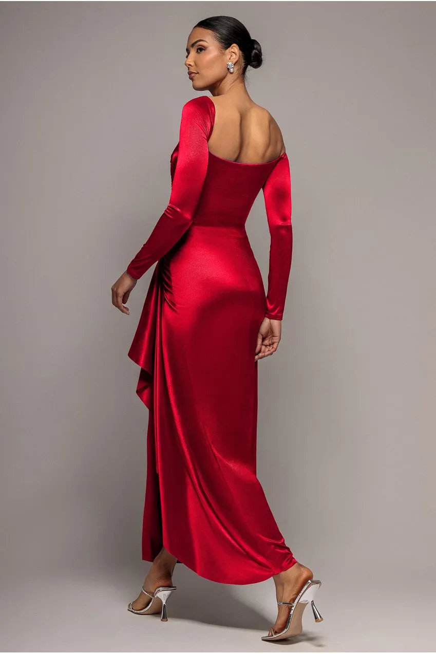Goddiva Slinky Satin One Shoulder Abito Maxi Rosso Spacco