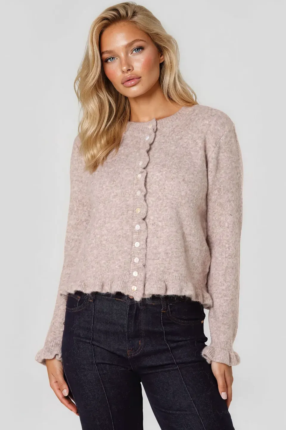 Aftershock London cardigan lana tortora volant