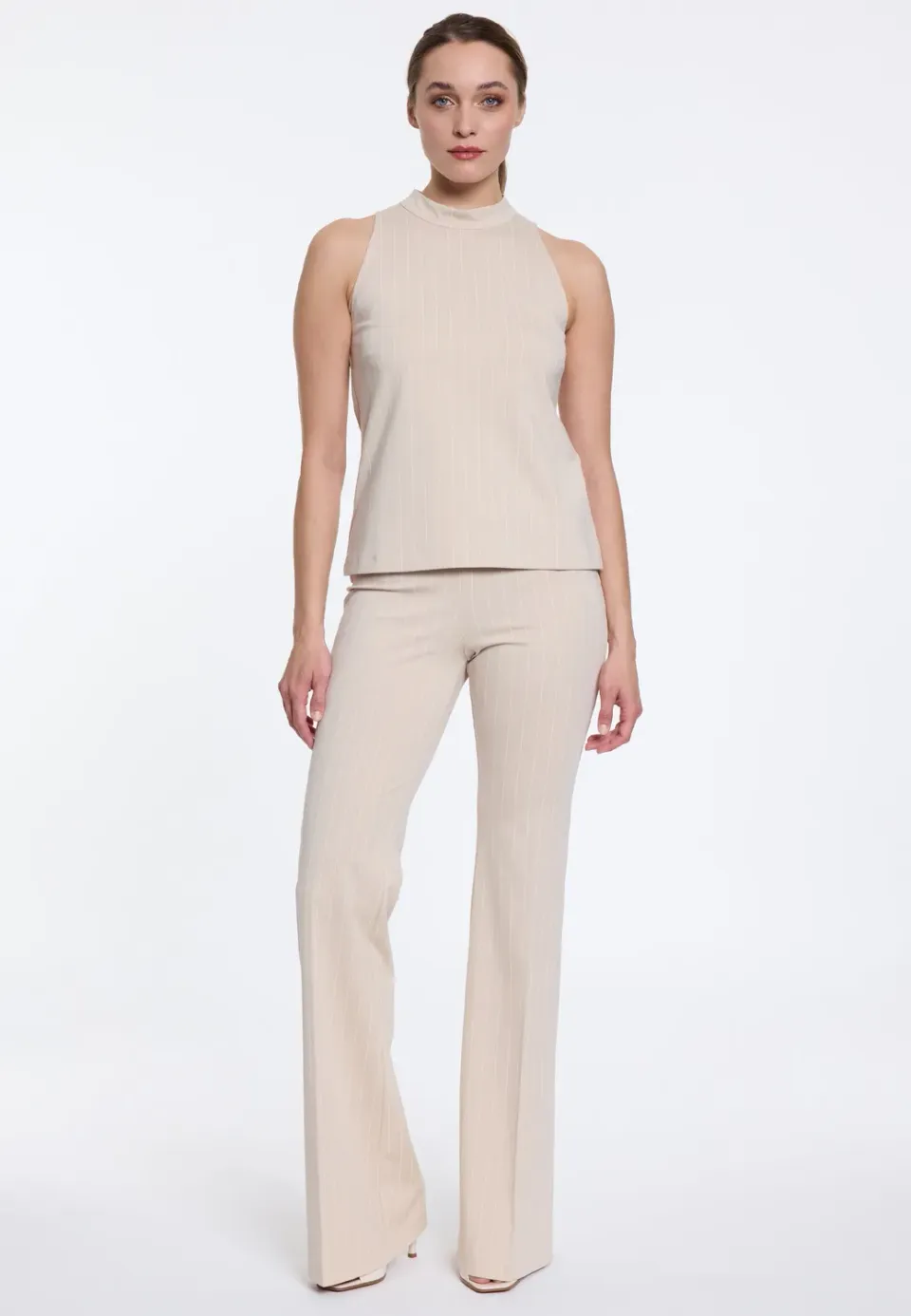 Ana Alcazar Divia pantaloni zampa beige gessati vita alta