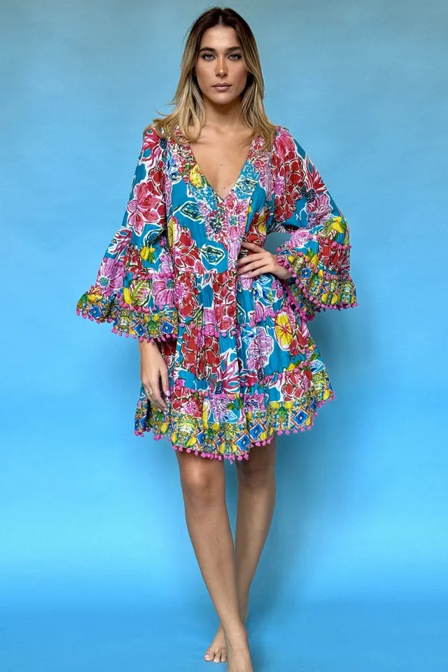 Antica Sartoria DV738 abito corto scollo V fucsia floreale