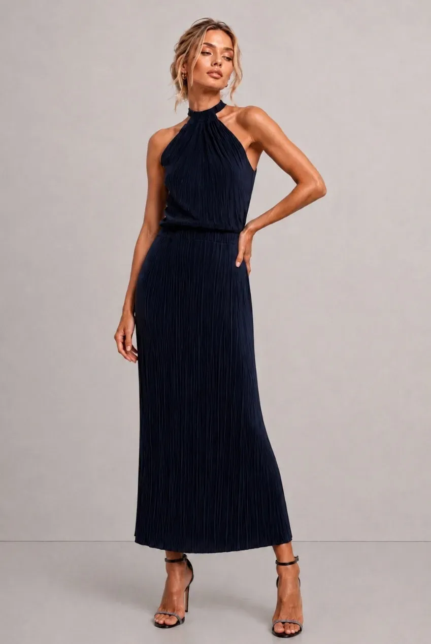 Honor Gold Milan Plisse top halterneck blu navy