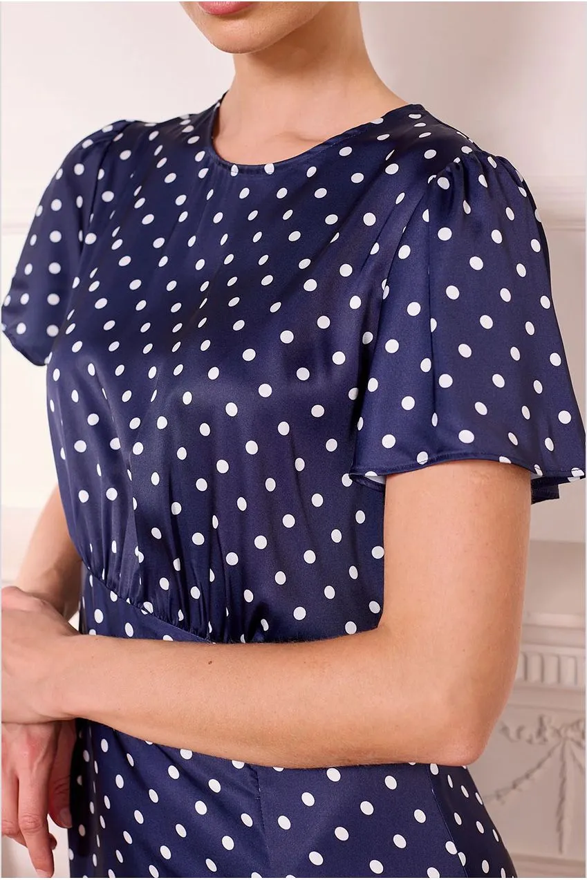 Angeleye abito midi satin blu pois scollatura elegante
